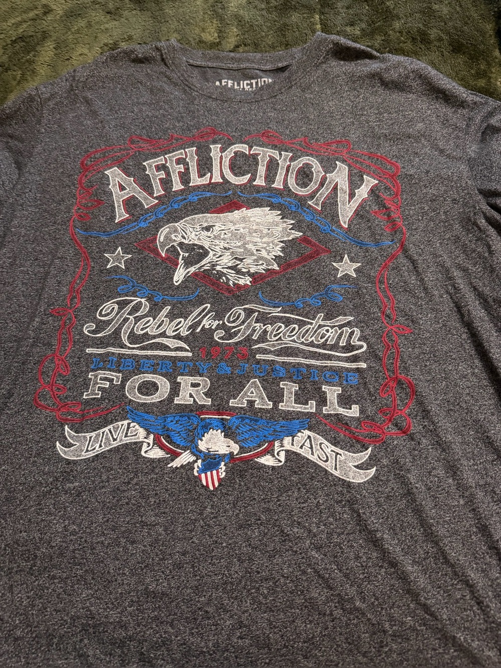 Affliction Men's Graphic Tee in Charcoal with Red, Blue, White Print
